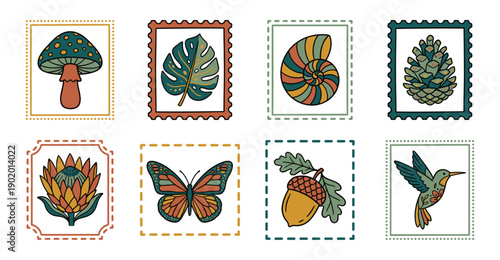 Vintage Boho Nature Illustration Postage Stamp Collection for Botanical Scrapbooking and Journaling