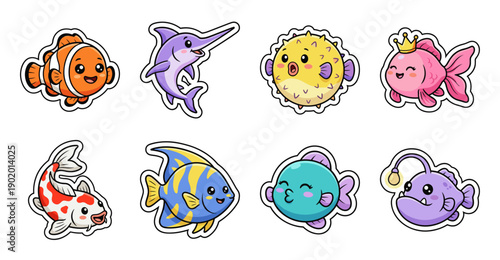 Cute Cartoon Sea Fish Sticker Set, Vector Illustration