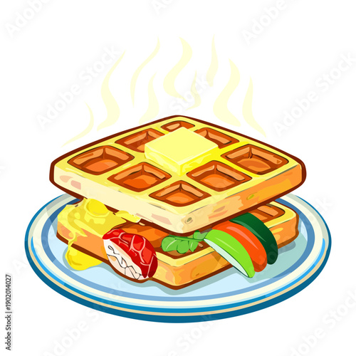 Square waffle sandwich filled with ham cheese and vegetables served as a warm savory snack - Vector Illustration
