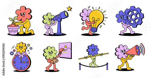 Retro Flower Character Business Concept Sticker Set