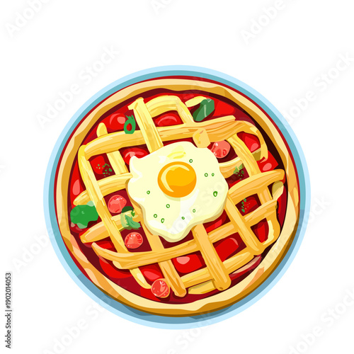 Round waffle topped with a fried egg and fresh herbs served for a savory breakfast - Vector Illustration