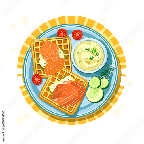 Breakfast plate with waffles grilled salmon and a bowl of fresh cream cheese for spreading - Vector Illustration