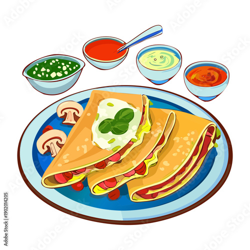 Savory crepe wrap filled with fresh vegetables and served with three different types of sauces - Vector Illustration
