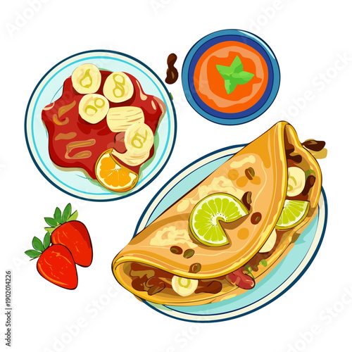 Rolled crepe filled with fresh strawberries and served with a side of red dipping sauce - Vector Illustration