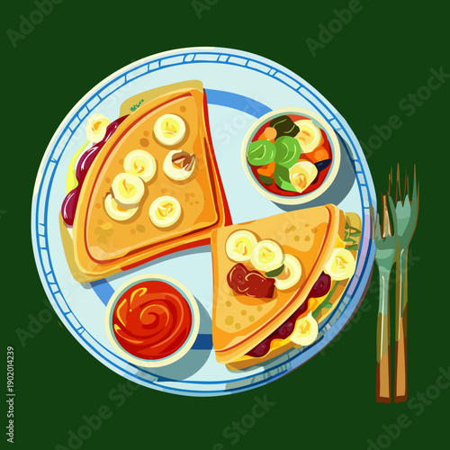 Rolled crepes served with fresh fruit and a side of green dipping sauce on a plate - Vector Illustration