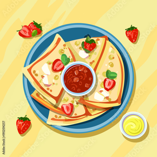 Assorted crepe wedges served with fresh berries and a side of sweet dipping sauce for dessert - Vector Illustration