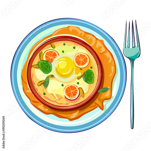 Savory crepe topped with a fried egg and fresh herbs served for a healthy morning breakfast - Vector Illustration