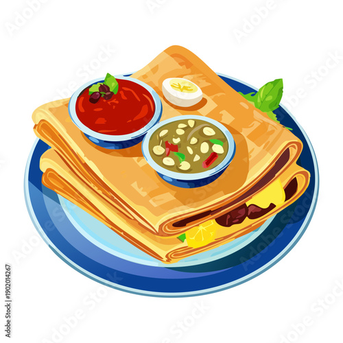 Stacked crepes filled with savory ingredients and served with various dipping sauces on a blue plate - Vector Illustration