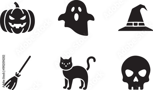 Halloween icons featuring a pumpkin, ghost, witch hat, broom, black cat, and skull
