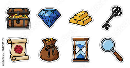 Cartoon Adventure Quest Treasure Asset Sticker Sheet for Gaming and Digital Scrapbooking
