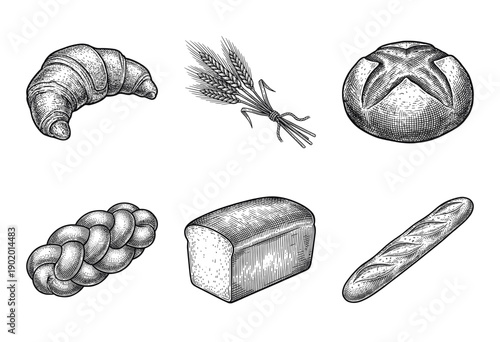 Vintage hand drawn engraving of bakery products including bread loaf, croissant, baguette, braided challah, and wheat stalks on a white surface.