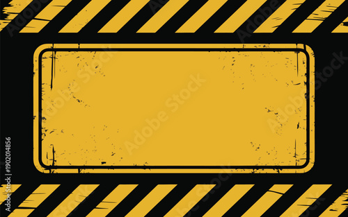 Textured yellow blank notice board with a black frame and striped caution background