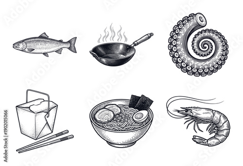 Set of vintage woodcut style illustrations of asian cuisine including ramen seafood wok and takeout container