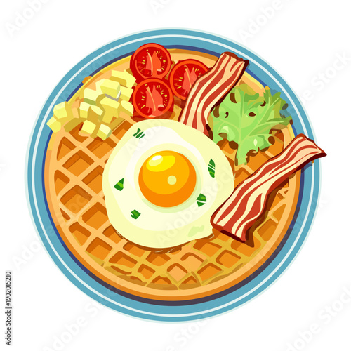 Round waffle topped with a fried egg and bacon served with a side of fresh salad - Vector Illustration
