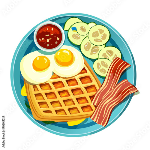 Savory waffle breakfast plate with two fried eggs crispy bacon and fresh cucumbers on the side - Vector Illustration
