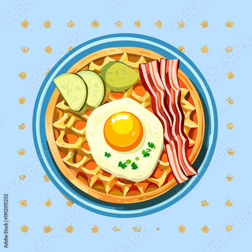 Savory waffle topped with a sunny side up egg and crispy bacon strips for a breakfast - Vector Illustration