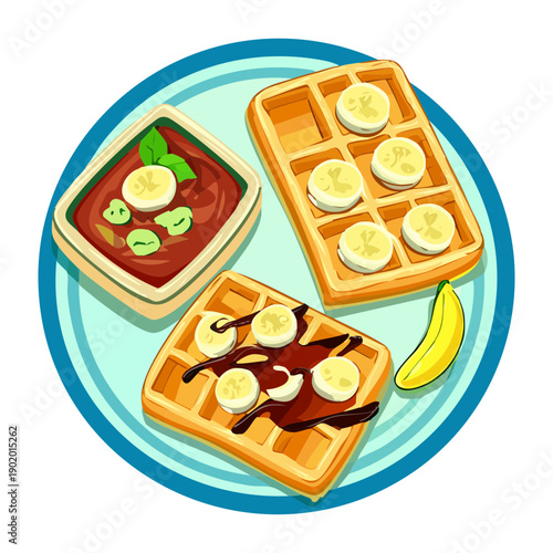 Trio of waffle slices topped with different fruit spreads and served on a blue decorative plate - Vector Illustration