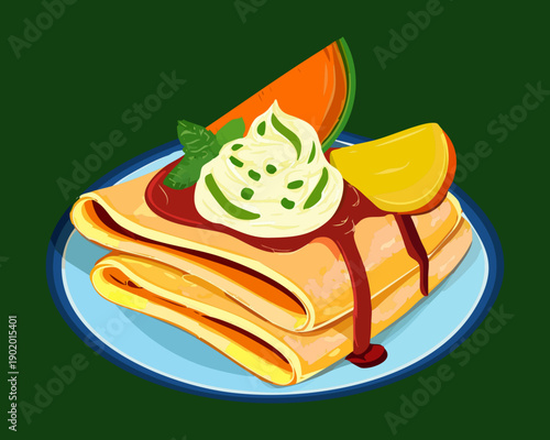 Delicate rolled crepes filled with cream and topped with fresh melon slices for a summer breakfast - Vector Illustration