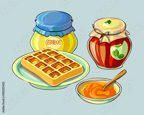 Traditional breakfast set with square waffles honey jars and orange jam spread on a simple plate - Vector Illustration