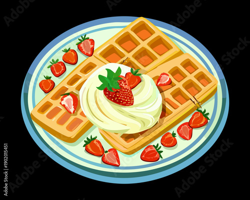Delicious Belgian waffle topped with fresh whipped cream and juicy red strawberries on a blue plate - Vector Illustration
