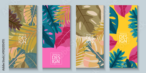 Botanical Summer abstract contemporary. Modern colorful exotic conceptual tropical floral pattern background. Abstract geometric design templates for posters, covers, wallpapers with place for text.
