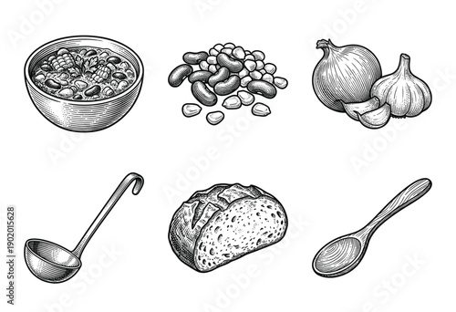 Vintage woodcut style collection of bean soup ingredients and kitchen utensils including bread onion garlic ladle and wooden spoon