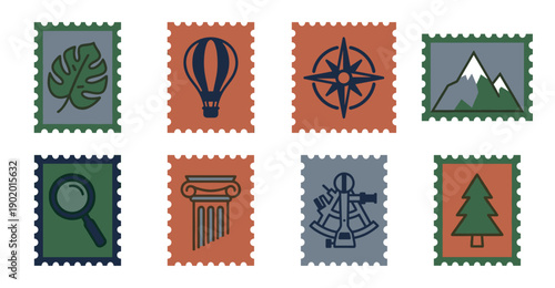 Vintage Flat Style Travel and Exploration Postage Stamp Set for Adventure Scrapbooking and Stationery Design
