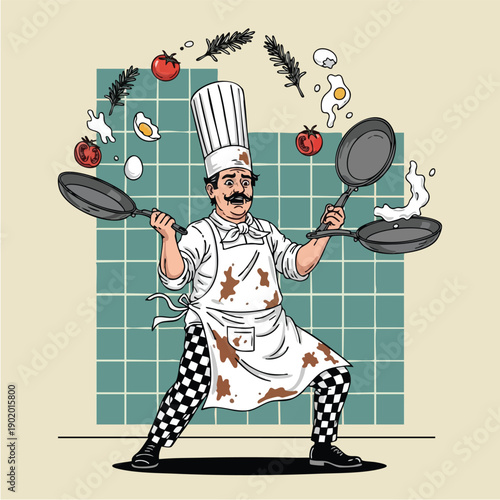 Skilled Chef Juggling Pans and Ingredients with Culinary Flair.