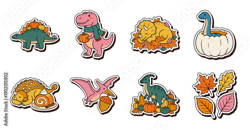 Cute Autumn Dinosaur Sticker Set, Vector Illustration