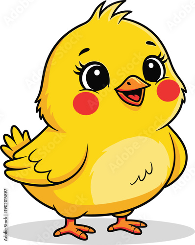 Cute yellow chick cartoon illustration – playful farm animal vector with big eyes, rosy cheeks, wings, and tuft of feathers for children’s design