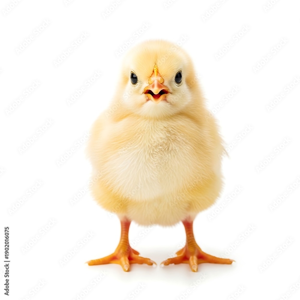 Fototapeta premium Adorable fluffy yellow chick standing on white background