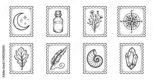 Vintage Hand Drawn Mystical and Nature Symbols Postage Stamp Collection for Scrapbooking and Stationery