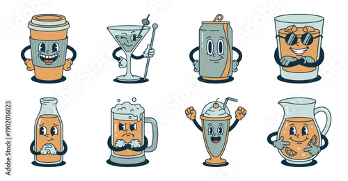 Retro Cartoon Drink Characters Set, Vintage Rubber Hose Vector