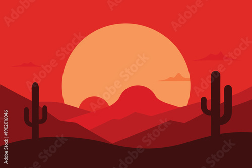 Vivid desert landscape illustration with an expansive orange sun setting over distant red mountains and cacti