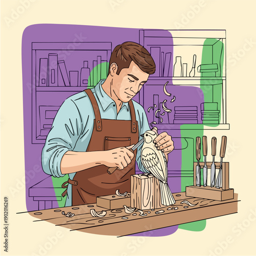 Skilled craftsman meticulously carves intricate wooden bird sculpture.