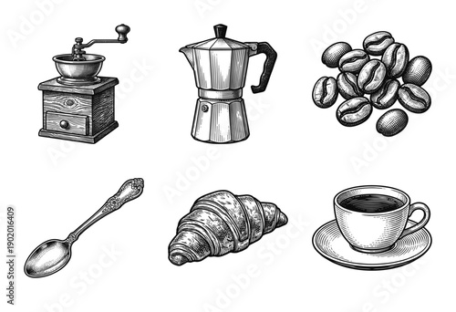 Vintage hand drawn coffee set collection featuring manual grinder moka pot beans spoon croissant and espresso cup in woodcut engraving style.