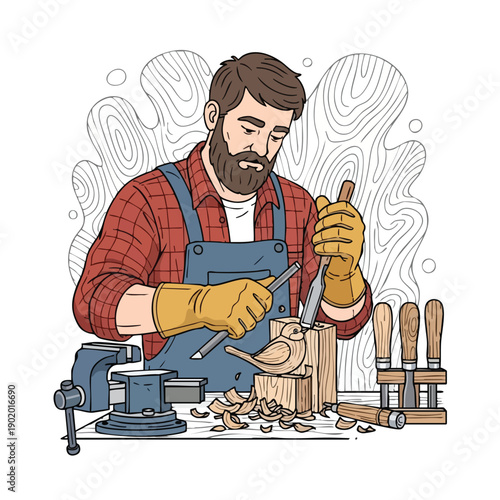 Skilled woodcarver crafting a wooden bird sculpture with precision tools.
