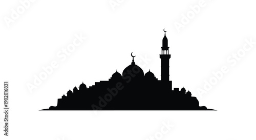 Mosque Silhouette with Minaret and Dome against White Background