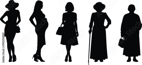 Women silhouettes, female life stages, fashion figures, age progression, generation concept, woman evolution, standing poses, lifestyle illustration, people silhouettes, white background