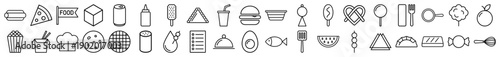 Fast food line icon set featuring vector pictograms of a burger, pizza, hot dog, fries, drink, taco, popcorn, and kitchen utensils in a thin outline illustration style.