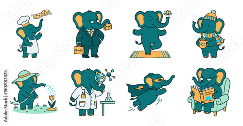 Cute Elephant Character Set in Various Professional Roles