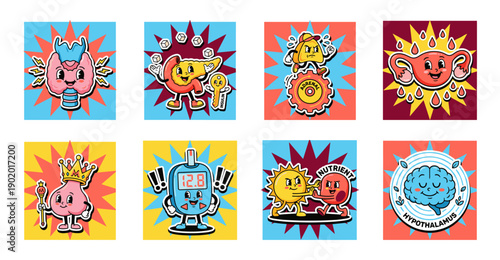 Retro Cartoon Human Organ Sticker Set, Vector Illustration