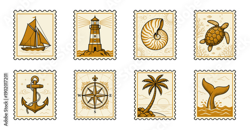 Vintage Nautical Engraving Postage Stamp Set for Marine Travel and Summer Scrapbooking