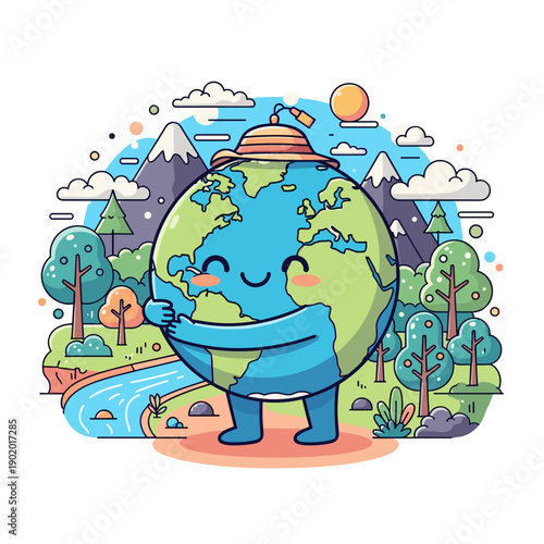 Cartoon illustration of global business people connected around the world with a globe