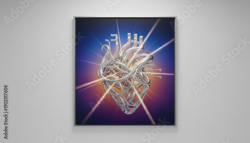 Metallic abstract heart sculpture wall art modern silver wires glowing blue orange gradient creative design geometric contemporary shiny 3D gallery emotional