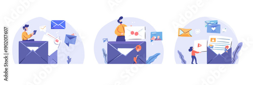 Flat vector illustration of people interacting with large envelopes displaying emails, messages, digital marketing icons, and multimedia content for email marketing promotion concept