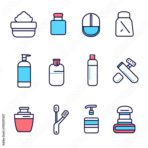 Flat minimalist hygiene icons set including cream jar, lotion bottles, soap bars, toothpaste tubes, toothbrushes, and pump dispensers in vector style