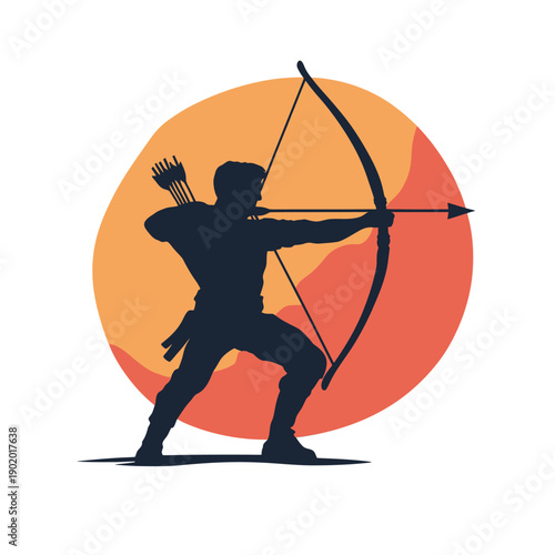 Silhouette of archer aiming bow and arrow with quiver in minimalist flat style sunset background vector illustration