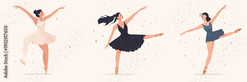 Three elegant ballet dancers performing classic dance poses in pastel dresses with minimalist flat vector style and graceful movements on light background