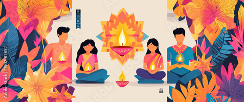 Diwali celebration Indian family holding lit candles sitting cross-legged floral background colorful festival of lights traditional greeting vector illustration